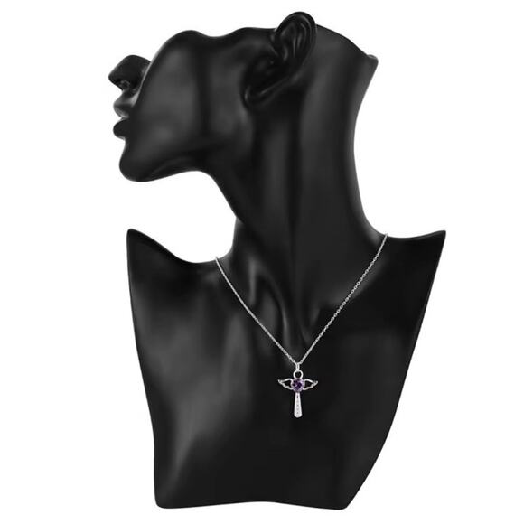 925 Silver Cross Necklace Wings Heart Amethyst Woman's Christmas Birthday Gift